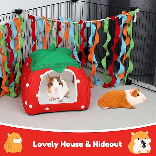 BWOGUE Guinea Pig Bed Hideout, Washable Hamster Cave for Small Animals | Removable Cushion for Cleaning, Warm Fleece Nest, Washable Bed, 10 x 9.8 x 9 in, Dwarf Rabbits Hedgehogs - color: Strawberry Red