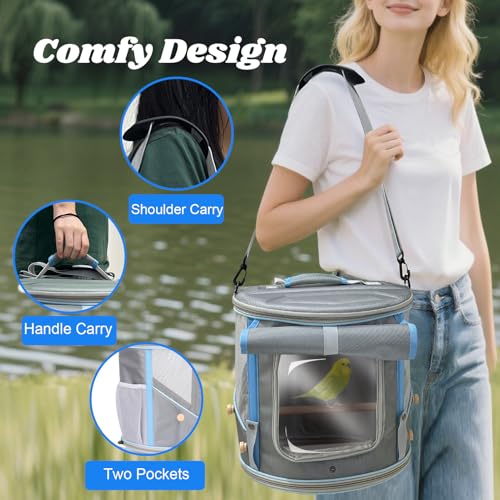 halinfer Bird Travel Carrier Cage for Small to Medium Size, Portable Parrot Parakeet Cockatile Conure Transport Cage with Clear Window and Fabric Shade, Round Carry Bird Bag - color: Grey