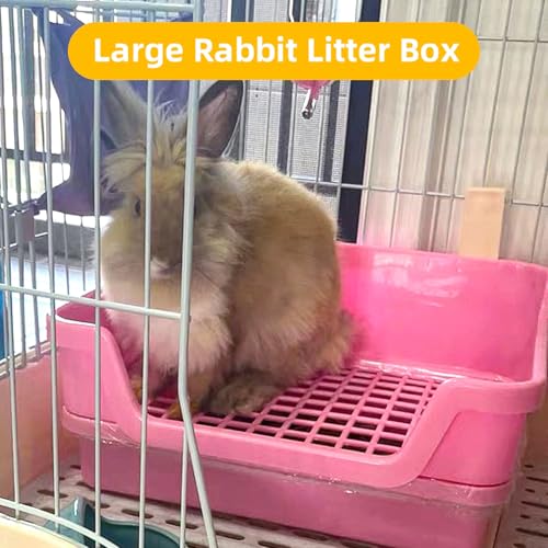 Large Rabbit Litter Box Rabbit Toilet Rabbit Potty Training Corner Huge Bunny Litter Pan with Plastic Grid Deep Dump Tray for Adult Small Animal (Pink)
