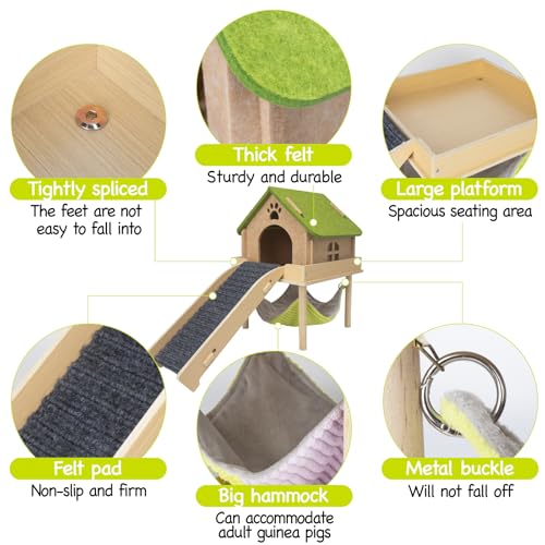 BESNEW 3 in 1 Enlarged Guinea Pig Hammock,Wooden Guinea Pig Hideout with House & Platform & Stairs Small Animal Toys for Hiding Sleeping Activities - color: Matcha Brown