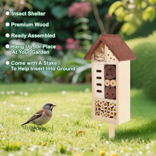Lulu Home Wooden Insect House with Stake, 19.7 X 3.4 X 5.4 Inch | Hanging & Inserting Two Mount Ways, For Bee, Butterfly, Ladybirds, Beneficial Insect Habitat, Bug Hotel Garden