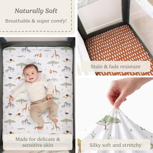 Pack and Play Sheets Fitted, Mini Crib Sheets for Graco Pack N Play Playard (38x26), Ultra Soft Organic Cotton Blend, Safe & Snug Playpen Mattress Sheet for Baby Boys & Girls, Safari Adventure, 2-Pack - color: Safari Animals