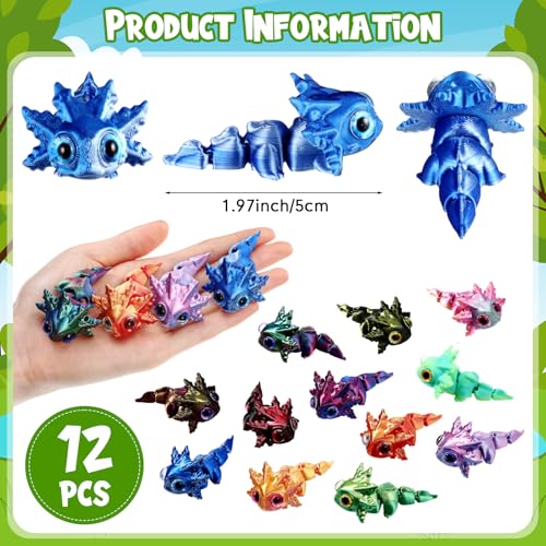 Honoson 12 Pcs 3D Printed Animals 5-7cm, Baby Axolotl | Articulated Fidget Animals, Flexible 3D Printed Figures for Stress Relief, Cute Mini Joints for Party Favors and Display - size: 5-7cm, style: Baby Axolotl