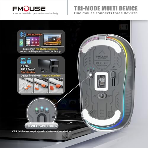 FMOUSE Transparent Wireless Mouse, Tri-Mode Bluetooth & 2.4GHz, Grey | USB-A & USB-C Receiver | Rechargeable | 3 Devices for MacBook Laptop iPad PC | Silent Clicks | Portable | RGB | 4-Level DPI - color: Grey
