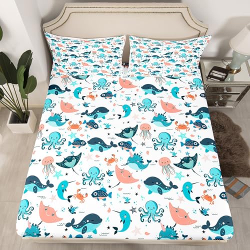 Cute Whale Bed Sheets Queen Size, Kids Kawaii Cartoon Octopus Sheet Set, Jellyfish Shell Starfish Crab Fitted Sheet For Little Boys Girls, Ocean Beach Sea Animals Bedding Set With Kawaii Flat Sheet - color: Multi 08, size: Queen