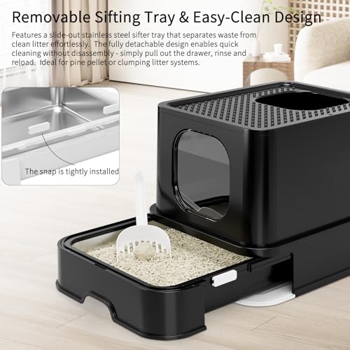 RIZZARI Stainless Steel Cat Litter: Covered, Top-Front Entry, Easy Clean | High Splash Sides / Leak-Proof Seal / Non-Stick Coating / Odor Control / Sifting Drawer / Garage-Bathroom Fit - color: Deep Black