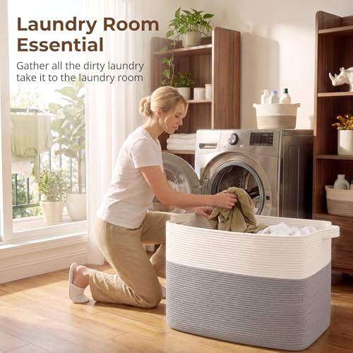 OIASKET 108L Cotton Rope Storage Basket for Living Room and Bedroom 25"x16"x16" Woven Laundry Basket, Heavy Duty Bin for Blankets, Pillows & Toys, Pet-Safe & Scratch-Free, Grey and White - color: Grey & White
