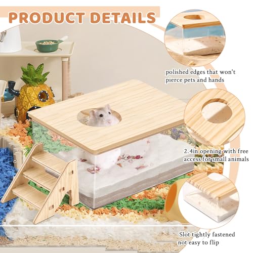 Hamster Sand Bath, Pentagon Hamster Sand Bath Container with Climbing Ladder, Large Acrylic Hamster Dig Box with Wood Cover, Sand Bath for Hamsters Small Animals (Rectangle) - style: Rectangle