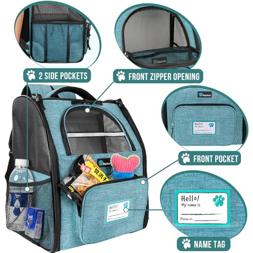 PetAmi Dog Backpack Carrier Airline Approved Cat Pet Puppy Bag, Turquoise | Ideal for Small Medium Large Pet up to 18 lb, 2 Side Entry Structured No-Collapse Frame, Ventilated Bookbag for Hiking Travel - color: Sea Blue