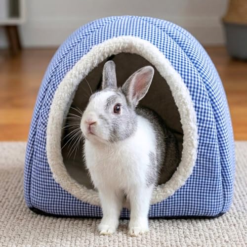 Rabbit Hideout Bed for Large Bunnies, Soft Plush Bunny House | Cozy Small Animal Hideaway with Removable Pad for Indoor Rabbits, Guinea Pigs, and Ferrets, Blue - color: Blue