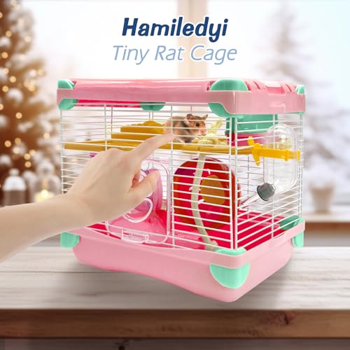 Hamiledyi Portable Hamster Cage 2 Layers Dwarf Hamster Habitat Small Animal Travel Cage with Exercise Wheel Hamster Enclosure Mouse Cage for Hamsters Mice Gerbils or Other Tiny Pets - color: Pink