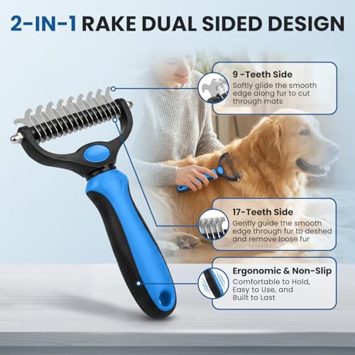 Double-Sided Pet Grooming Rake - 4-in-1 Professional Pet Grooming Kit Deshedding Dematting Tool for Dogs Cats Extra-Wide Grooming Brush & Deshedder Comb for Long & Short Haired Pets (Blue Kit 4PCS) - color: Blue