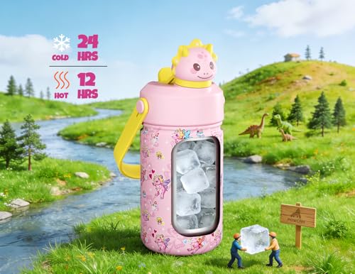 POWCAN 12 oz Kids Water Bottle: 2-in-1 Straw Spout Lid with Soft Animal Head, Leakproof, Backpack Friendly, Keep Cold 24H, Cute Patterns, Insulated Cup for School, Playtime, Trip, Gift (Lovely Trike) - color: Lovely Trike, size: 12 Ounces