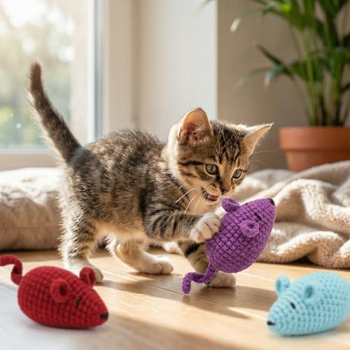 Catnip Toys Crochet Mice Cat Toys, 3 Pcs Handmade Durable Yarn Mice Toys with Natural Catnip & Silvervine, Interactive Kitten Chew Kicker Toy for Teeth Cleaning & Anxiety Relief - color: 3pcs
