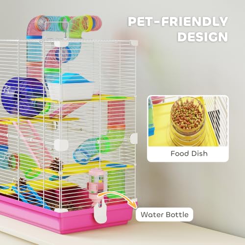 PawHut 18" 5 Tier Hamster Cage w/Tubes and Tunnels for Gerbil Pink | Small Animal Cage, Portable Carry Handle, Water Bottle, Food Dish, Exercise Wheel - color: Pink
