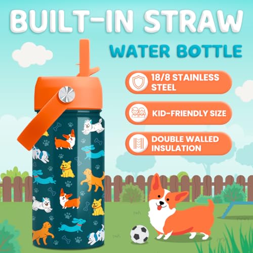 SANDJEST Puppy Water Bottle - Kids Water Bottle with Straw Lid - 12 Oz Insulated Stainless Steel Water Bottles for Kid Boys Girls - Travel Cup for School Sports - color: Puppy