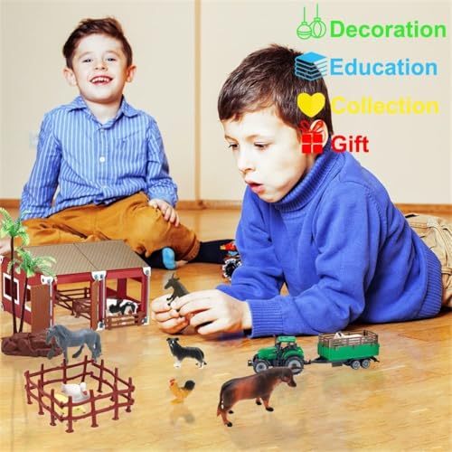 66PCS Mini Farm Animal Barn Toy with Tractor Trailer Fence for Kids Ages 3+ | Realistic Farm Animal Figurines, Educational Birthday Gift for Kids