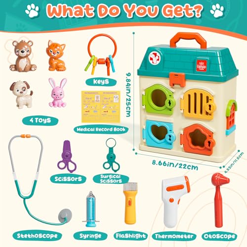 Lehoo Castle Critter Clinic with Key, Pretend Play Doctor Toys for Kids 3-5 | Vet Playset for Toddlers, Animal Hospital with 4 Rooms, 4 Matching Keys, 4 Pets, Medical Accessories, Preschool Toys