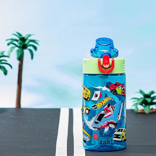 Zak Designs Mattel Hot Wheels Sage 16oz Leak-Proof Straw Kids Water Bottle | BPA Free, Durable Plastic, Cupholder Friendly, Dishwasher Safe, Easy to Clean, Lid Lock, Handle, For School, Home, Travel - color: Hot Wheels, size: 16 Ounces