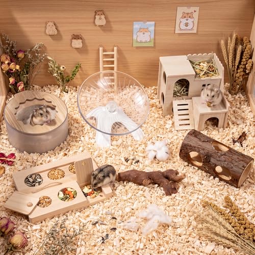 Leitee 6pcs Hamster Cage Accessories, Hamster Sand Bath Box, Wood House, Tunnel Hideout Place, Climbing Branches Decor, Silent Running Exercise Wheel, Interactive Enrichment Toys for Rabbit Gerbils