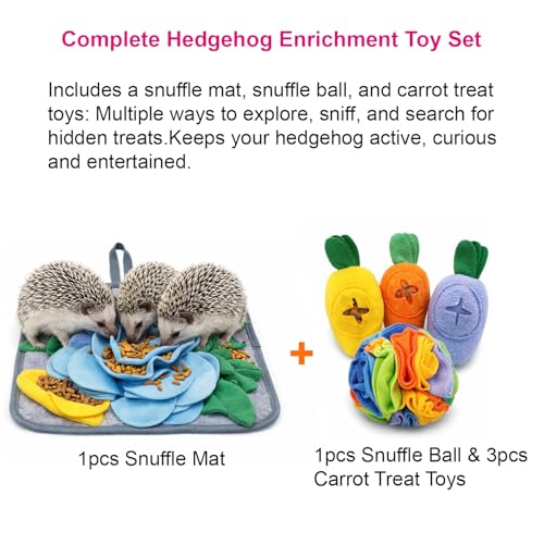 5Pcs Hedgehog Foraging Toy – Snuffle Mat, Snuffle Ball & Carrot Treat Toys for Hedgehog Cage Enrichment, Interactive Feeding Toys for Hedgehog, Rabbit & Guinea Pig, Small Pet Foraging Toys