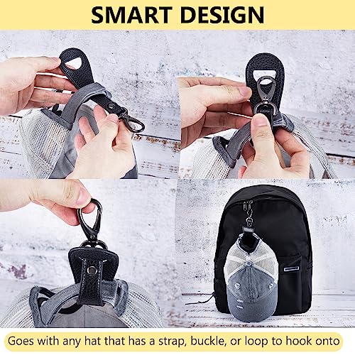 Hat Clip for Travel, Cap Holder Strap for Bags | Faux leather tab, zinc alloy clasp, fits baseball snapback and ponytail caps, mouse ear holder, hands free travel - color: Black