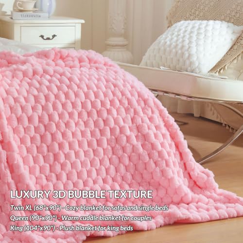 XeGe Luxury Bubble Fluffy Faux Rabbit Fur Bed Blanket Queen, Sweet Pink | 90"x90", Double-Sided, Hypoallergenic, No-Shed, Machine Washable, Pretty Comfy Fuzzy Blanket for Kids Teens Girls Women Mom - color: Pink, size: Queen (90" X 90")