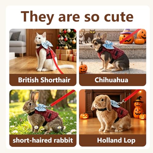 Rabbit Harness and Leash Set Escape Proof Plaid Bunny Vest with Bow Tie Breathable Mesh Harness Dual D Rings Adjustable Leash for Rabbit Guinea Pig Ferret Walking Training (Red, M) - color: Red, size: M