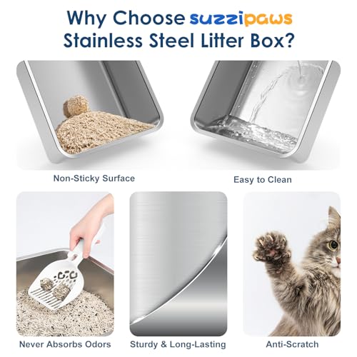 Suzzipaws Enclosed Stainless Steel Sifting Litter Box for Pine Pellets | 17.3”×13.4”×10.5” Stainless Steel Litter Box with Lid, Low Entry for Kittens & Small Cats, Anti-Leakage, Easy Cleaning