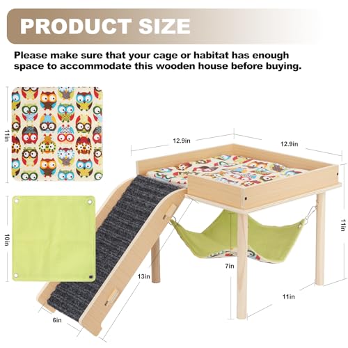 Guinea Pig Hammock with Ramp, Wooden Guinea Pig Hideout Toys with Platform, Guinea Accessories Castle with Soft Mat & Stairs for Cage Small Animals Hamsters Chinchilla Hedgehog Rat Ferret Bunny