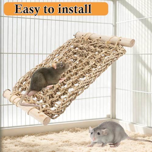 Rat Climbing Toys for Cage, Chewable Natural Hand-Woven Net Seagrass Mat, Cage Ladder Perch for Rats, Rat Ladder Bridge Toy with Mild Grassy Scent, Rodent Hammock Cage Accessories