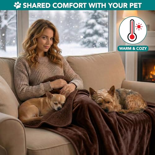 PETAMI Sherpa Fleece Waterproof CAT and Dog Blanket, Brown, Small
