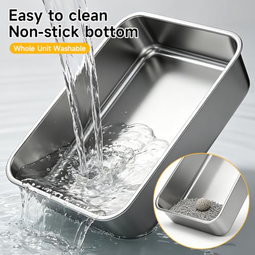 Stainless Steel Cat Litter Box with Scoop,M Metal Pan for Kittens | Metal Litter Box with High Sides & Lid, Open Top Low Entry , Non-Stick Easy Clean ，Kitty Cat Box for Indoor Cats, High Wall