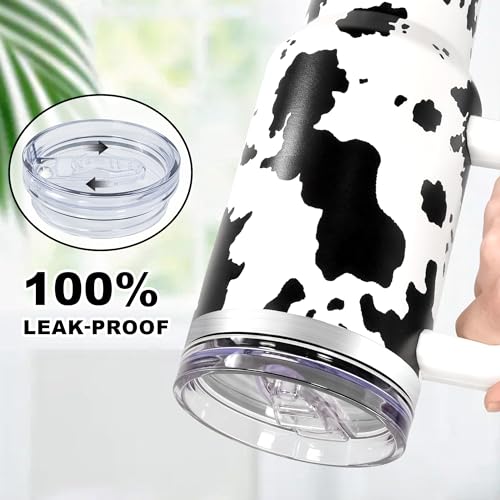 40 oz Cow Tumbler with Handle and Straw, 100% Leak-Proof Travel Mug, Stainless Steel Double Wall Vacuum Insulated Coffee Cup Keeps Cold For 34 Hours, White Cow - color: White Cow