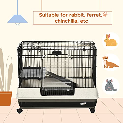 PawHut 26" Small Animal Cage with Wheels, 2-Level Portable Bunny Cage, Chinchilla Ferret Cage with Removable Tray, Platform and Ramp - size: 31.5"L x 20.8"W x 26.0"H