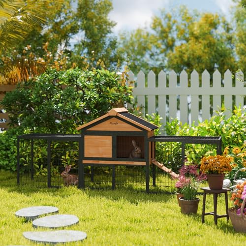 PawHut Rabbit Hutch Outdoor 85" Large with Steel Run for 2-3 Small Animals | Wooden Bunny Cage, Removable Tray, Waterproof Roof, Ramp, Metal Guinea Pig Cage, Rabbits, Chickens, Ducks, Backyard Garden