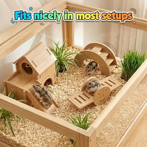 3 Pcs Hamster Wood House Set, Maze Wood House with Ramp,Activity Seesaw,Climbing Bridge,Small Animal Fun Activity Space for Syrian Hamsters, Gerbils, Mice - color: Wood House Set