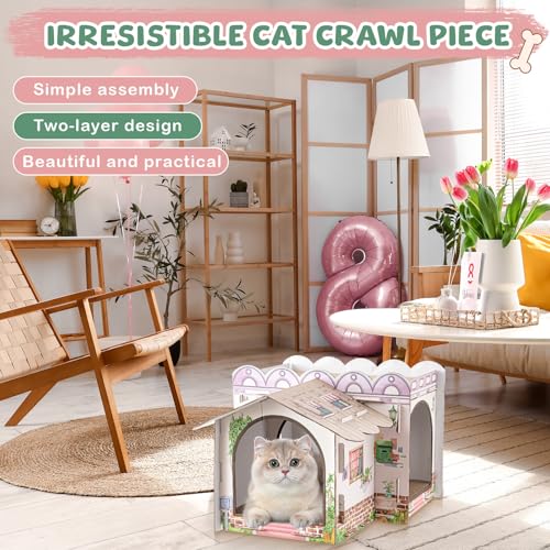 Lineshading 2 Story Cardboard Cat House with Scratcher Pad, Multi Level Durable Cat Scratcher House for Small Kitten Bunny Rabbit Animals Christmas Birthday Gift(17x12x10,Cottage) - style: Cottage