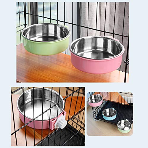 Crate Dog Bowl,Removable Stainless Steel Water Food Feeder Bowls Crate Coop Cup,Pet Cage Bowls with Bolt Holder for Cat, Puppy, Birds, Rats, Rabbits Small Animals ((Green+Pink) Round, Large) - color: (Green+Pink) Round, size: Large