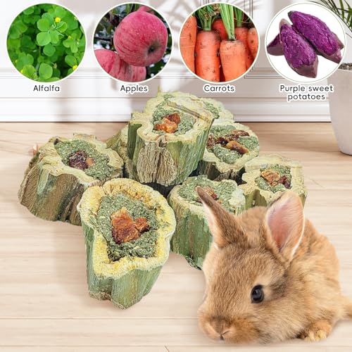 Fhiny Rabbit Chew Toys Natural Baked Papaya Wood Bunny Molar Treats Contain Alfalfa Grass Apple Carrot and Purple Sweet Potato Filling for Hamsters Guinea Pigs Chinchillas Teeth Grinding(0.22 lb)