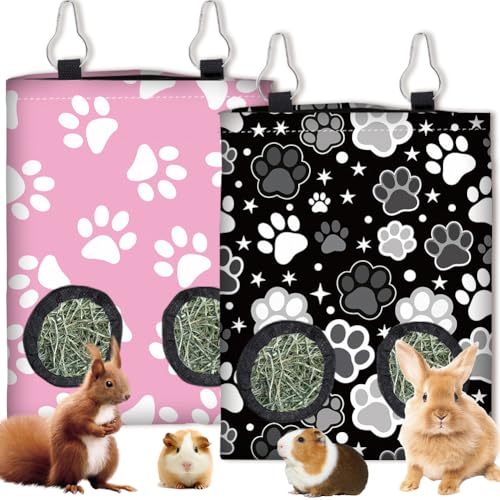 2Pcs 2 Styles Hay Feeder Bag for Rabbits Guinea Pigs Chinchillas 11.6 x 9 Inch Bunny Hay Feeder with 2 Holes Pink Black Paw Print Cloth Washable Hanging Pet Feeding Storage Cage Accessories - color: Paw Print