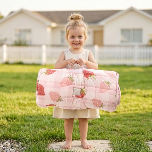david's kids Minky Toddler Nap Mat with Pillow and Minky Fleece Blanket, 55"x23",Ultra Soft Slumber Bags for Kids, Perfect for Preschool, Daycare, Kids Sleeping Bags with Rollup Design, Strawberry - color: Strawberry