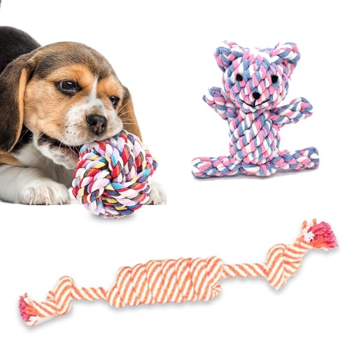 SunGrow Cotton Knot Puppy Chews, 4.5" Tough Teething Chewable Teddy Bear, 2.5" Ball, 12" Durable Oral Chew Rope, Handwoven for Small Breeds Dog, Massage Teeth, Gums, Random Color, 3 Pcs