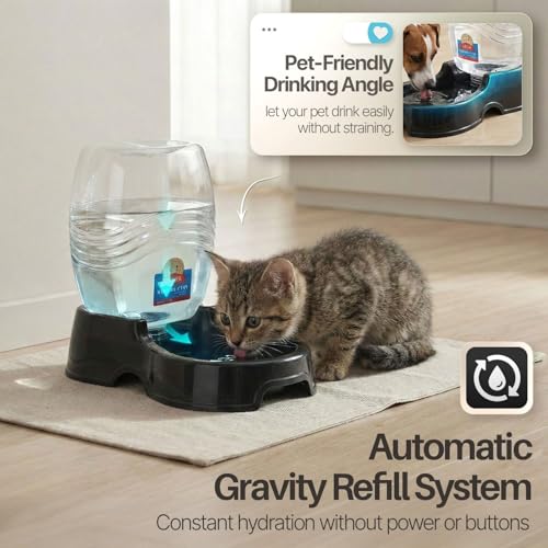 Flexzion Automatic Gravity Pet Waterer for Cat & Dog - Non-Skid & Easy-Clean Auto Replenish Water Dispenser Drinking Bowl (1/4 Gallon/ 900ml), Black