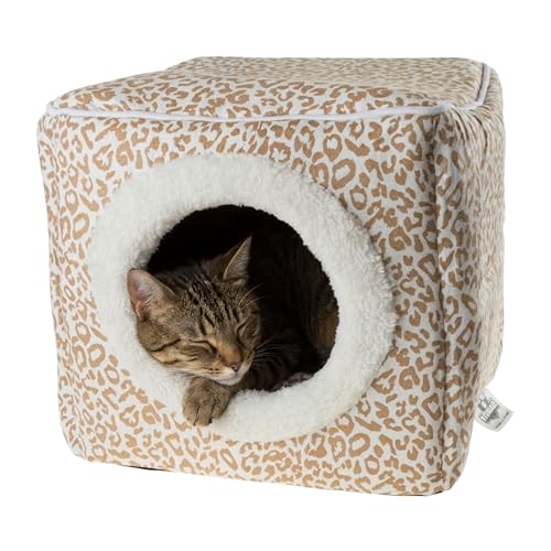 Cat House - Indoor Bed with Removable Foam Cushion - Cat Cave for Puppies, Rabbits, Guinea Pigs, and Other Small Animals by PETMAKER (Animal Print) - color: Tan Animal Print