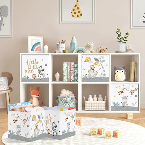 11.8" Tropical Animals Storage Cube Organizer Set 3Pcs Clothes Storage Basket Bin for Closet Shelf Elephant Giraffe Zebra Nursery Kid Room Book Toy Chest, Monkey