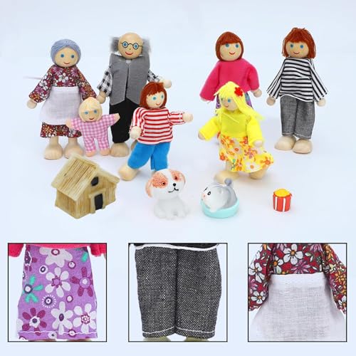 ONEST 18 Pieces Wooden Dollhouse Family Set Mini People Figures Dog Cat Sets Dollhouses Dolls Wooden Doll Family Pretend Play Figures Accessories for Pretend Dollhouse Toy - style: F Set