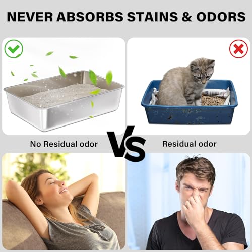 Stainless Steel Litter Box, 17.7"x13.8"x6" Medium to Large Metal Litter Box for Kitty/Cat/Rabbits, Easy to Clean, Non Stick Litterbox No Smell for Adult Cats - size: Medium(17.7"x13.7"x6")