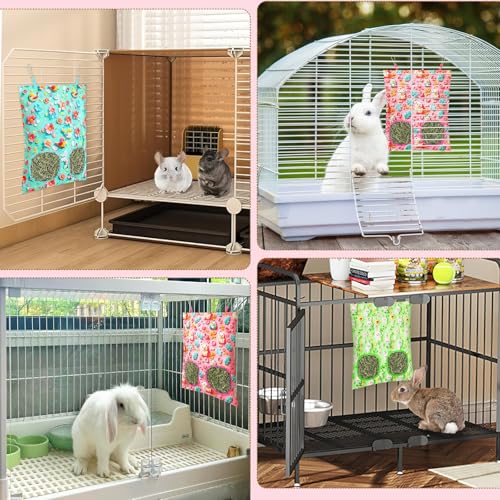 UPINS 3Pack Guinea Pig Hay Feeder Bag,Bunny Rabbit Cage Bag Hanging Holder | Guinea Pig Cage Feeder,for Bunny Rabbits,Chinchillas,Hamsters,Small Pets,and Animals - color: Blue Pink Green
