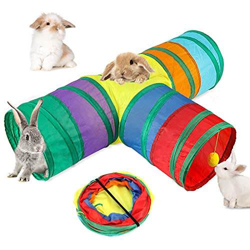BWOGUE Bunny Tunnels & Tubes Collapsible 3 Way Bunnys Hideout Small Animal Activity Tunnel Toys for Dwarf Rabbits Guinea Pigs Kitty - color: Rainbow